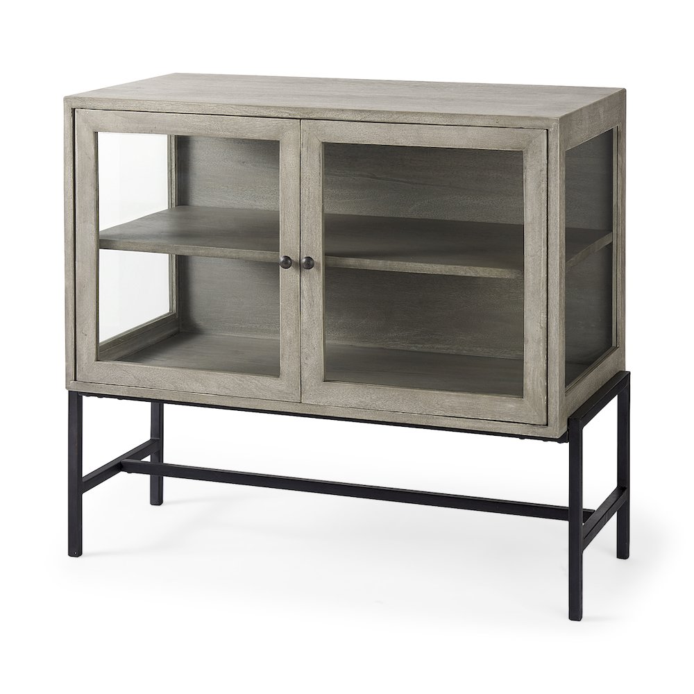 36L x 18W x 32H Gray Wood, Black Metal Base w/ 2 Glass Doors Accent Cabinet. Picture 1