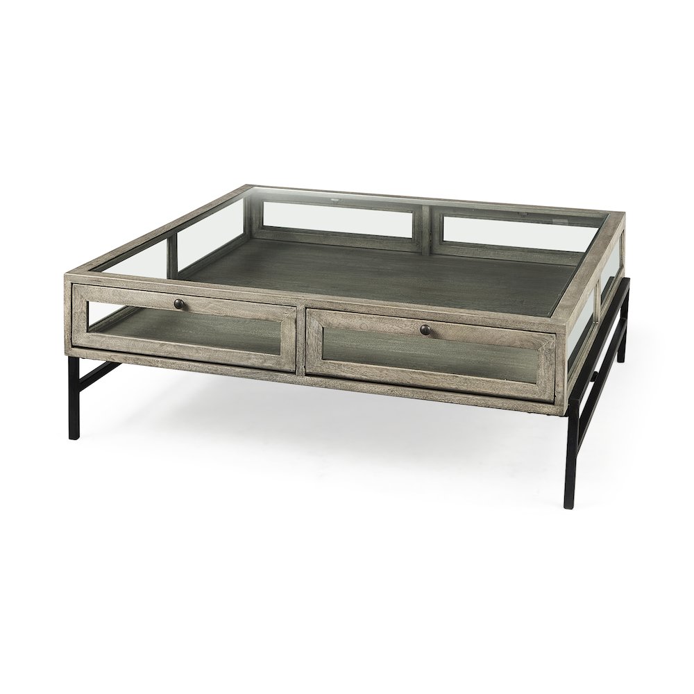 Arelius 42" Square Glass-Top Gray Wood w/ Black Metal Base Display Coffee Table. Picture 1
