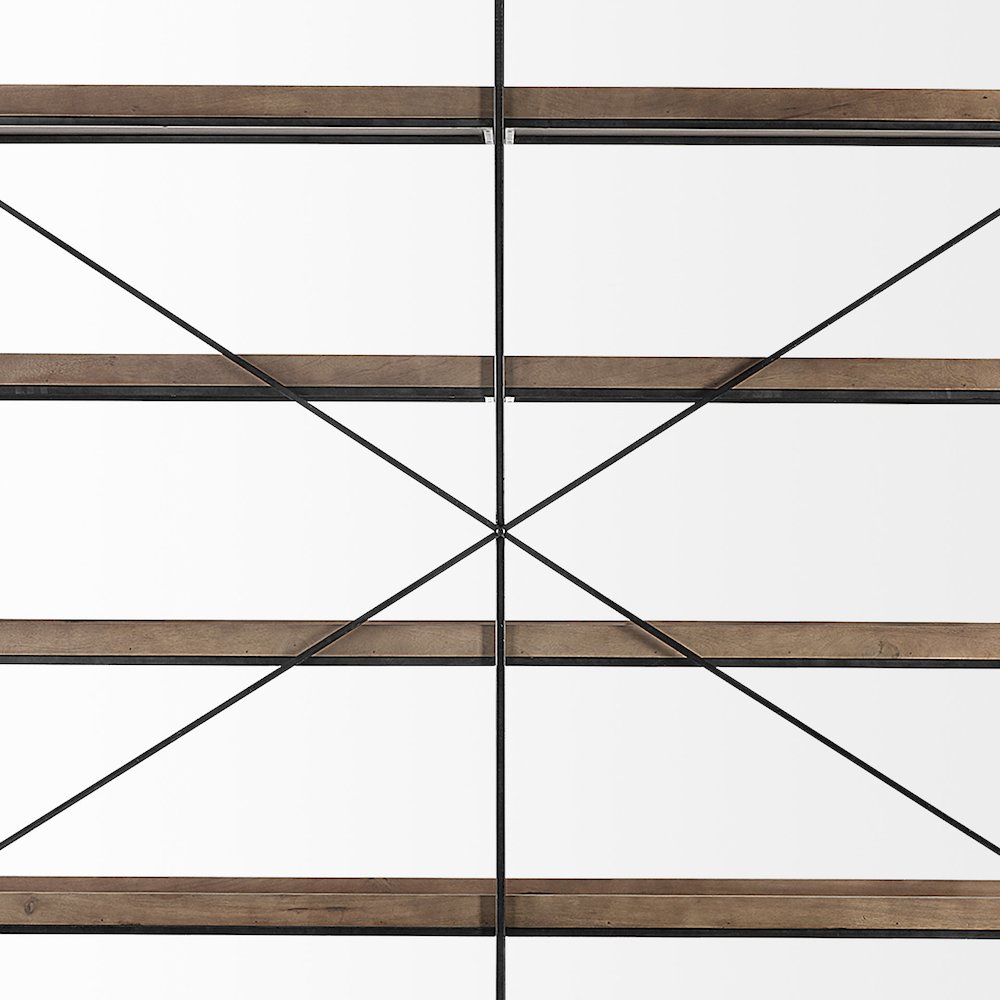 80L x 16W x 87.5H  Medium Brown Wood and Iron Five Tray Shelf Shelving Unit. Picture 5