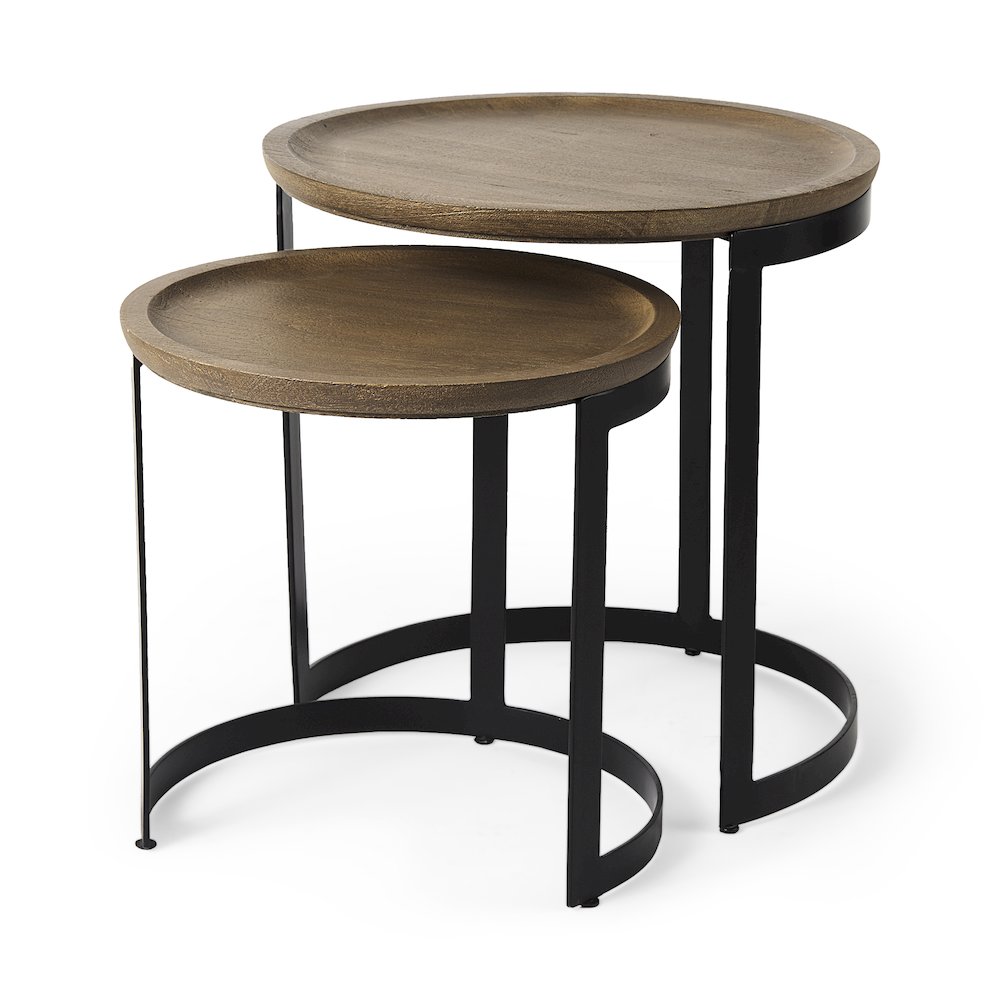 (Set of 2) Light Brown Wood W/ Black Metal Base Round Nesting Side Tables. Picture 1