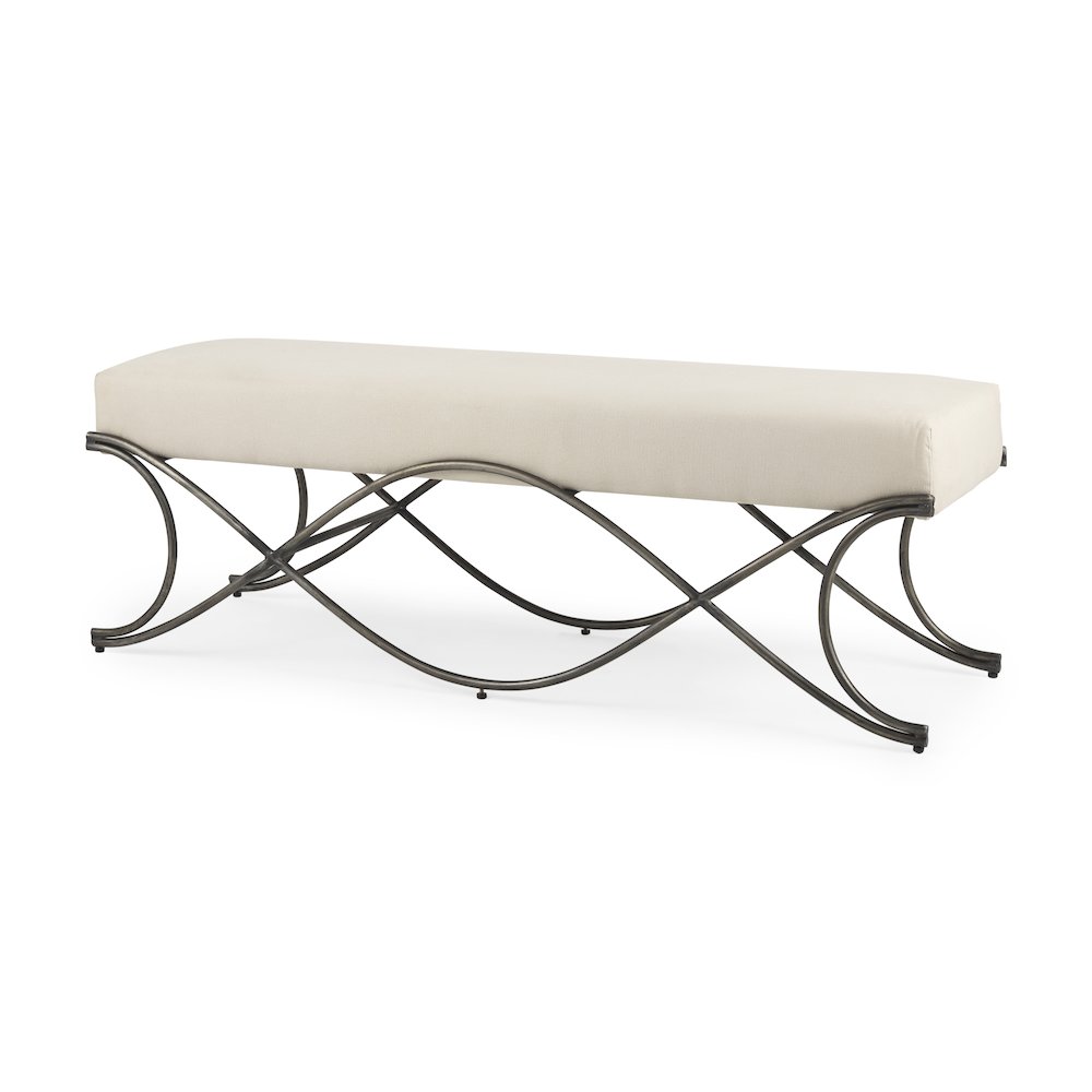 Ayla 55L x 17.6W x 18H Cream Fabric Seat W/ Antique Nickel Frame Bench. Picture 1