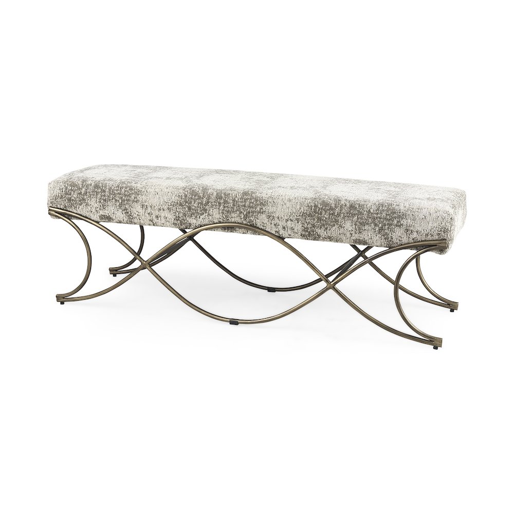 Light and Dark Gray Fabric Seat W/ Antique Gold Metal Frame Bench. Picture 1