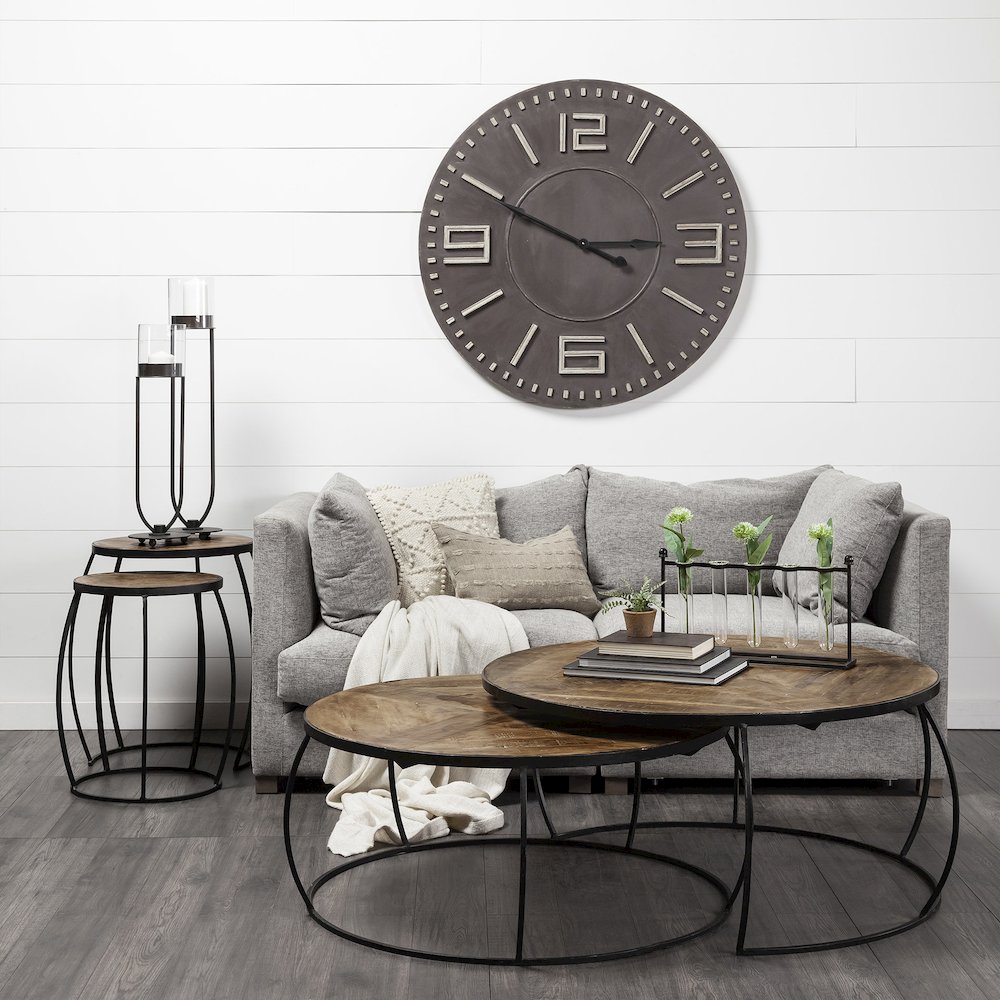 (Set of 2) Brown Round Wood Top W/ Black Metal Frame Nesting Accent Tables. Picture 11