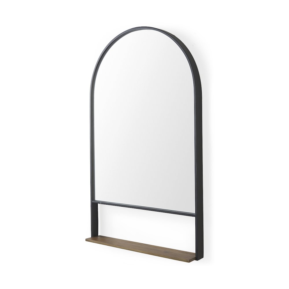 Black Metal Frame W/ Brown Wooden Shelf Arched Wall Mirror. Picture 1