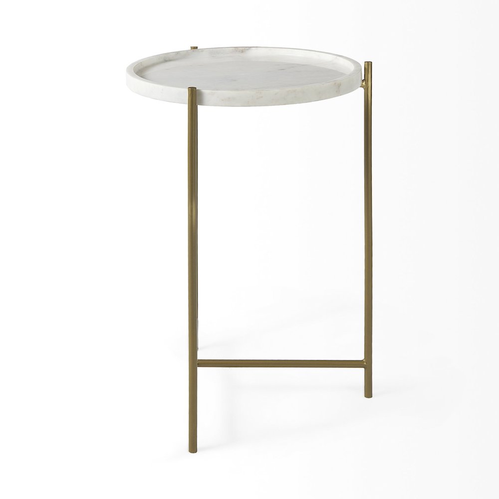 Stella 17L x 17W White Round Marble Top W/Gold Base Accent Table. Picture 3