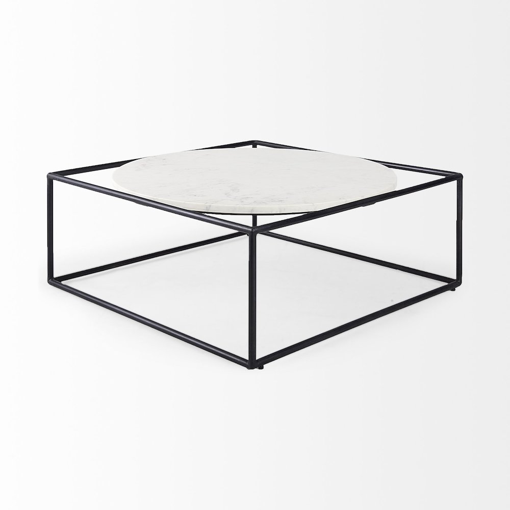 36L x 36W x 14.5H Round White Marble Top W/ Black Metal Frame Coffee Table. Picture 3