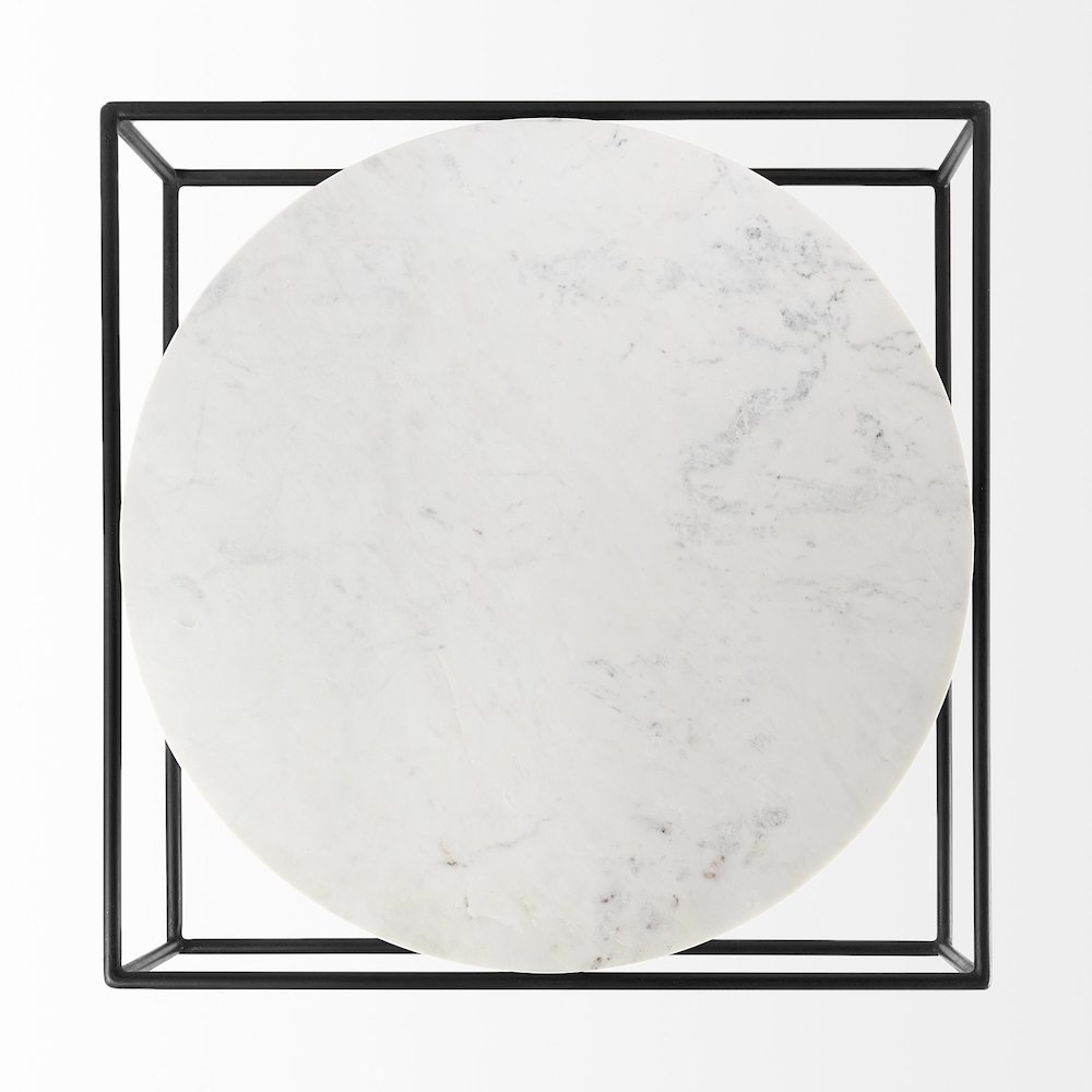 36L x 36W x 14.5H Round White Marble Top W/ Black Metal Frame Coffee Table. Picture 4