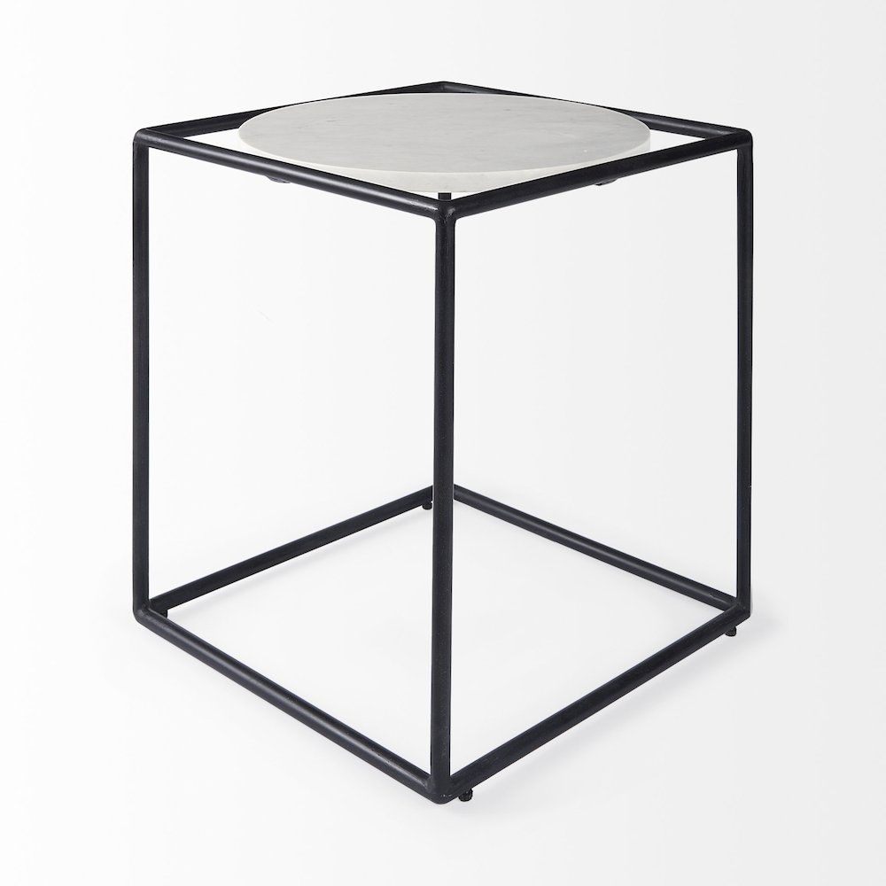 Austen 20L x 20W x 22H Round White Marble Top W/ Black Metal Frame Side Table. Picture 3