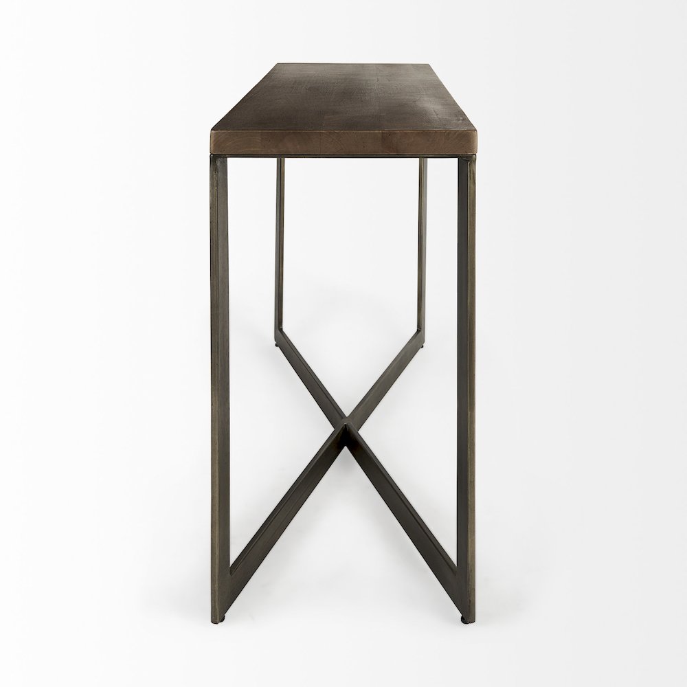 Faye 50L x 15W x 30H Medium Brown Wood W/Antique Nickel Metal Base Console Table. Picture 2