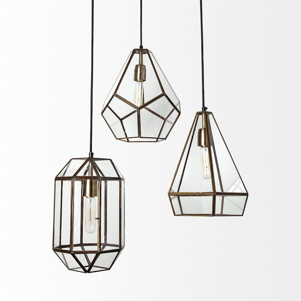 Prima 9.5x12.5 Gold Metal and Glass Pyramid Pendant Light. Picture 4