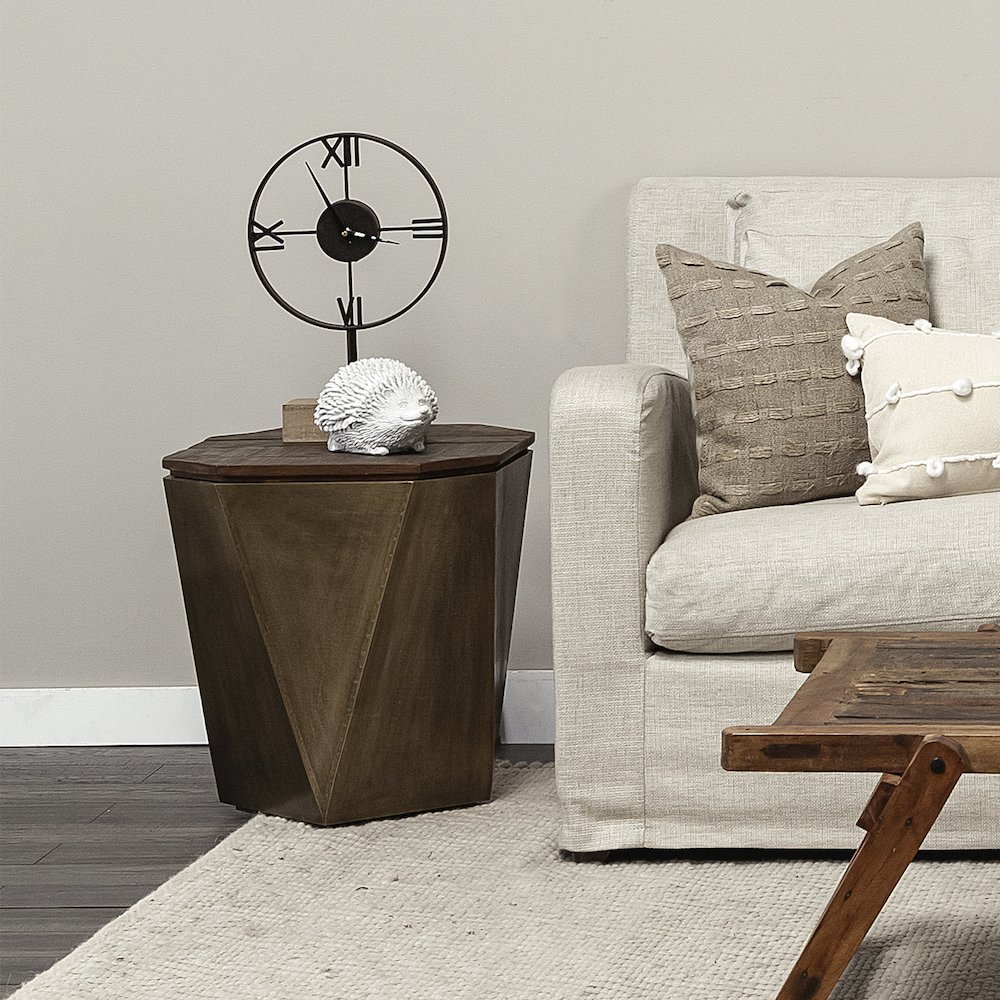 Esagono Octagonal Gold Metal-Clad Reclaimed Wood End/Side Table w/ Storage. Picture 11
