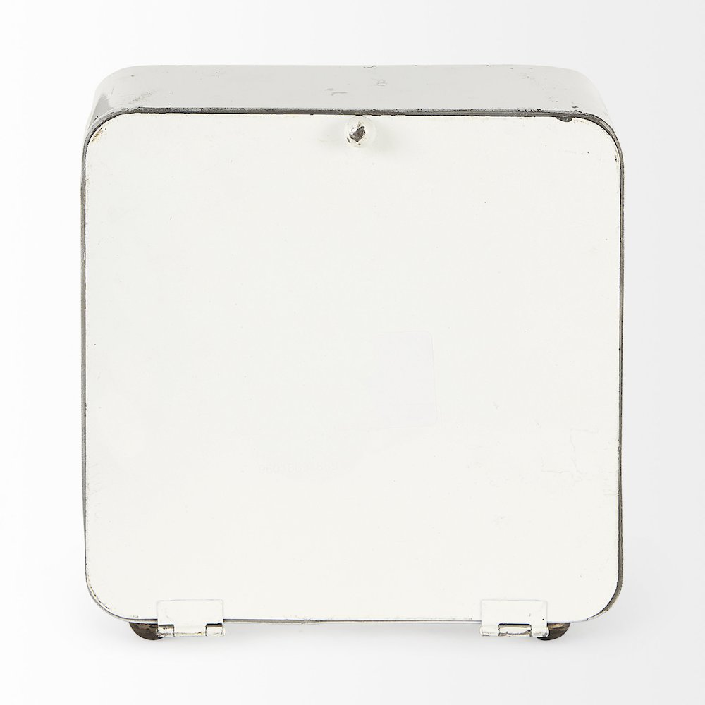 Karl 8.0L x 2.8W x 8.8H Rustic White Iron Rounded Square Table Clock. Picture 4