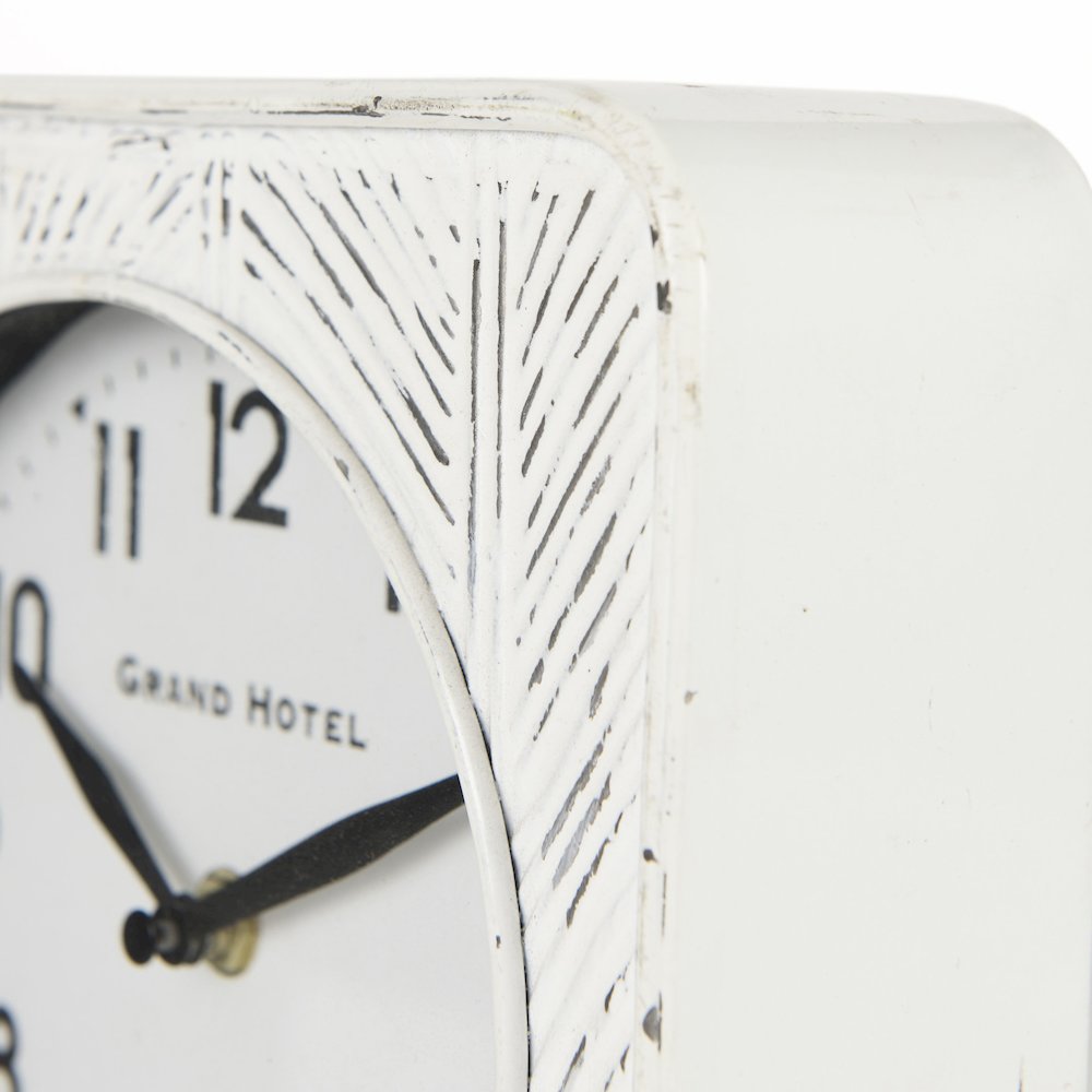 Karl 8.0L x 2.8W x 8.8H Rustic White Iron Rounded Square Table Clock. Picture 5