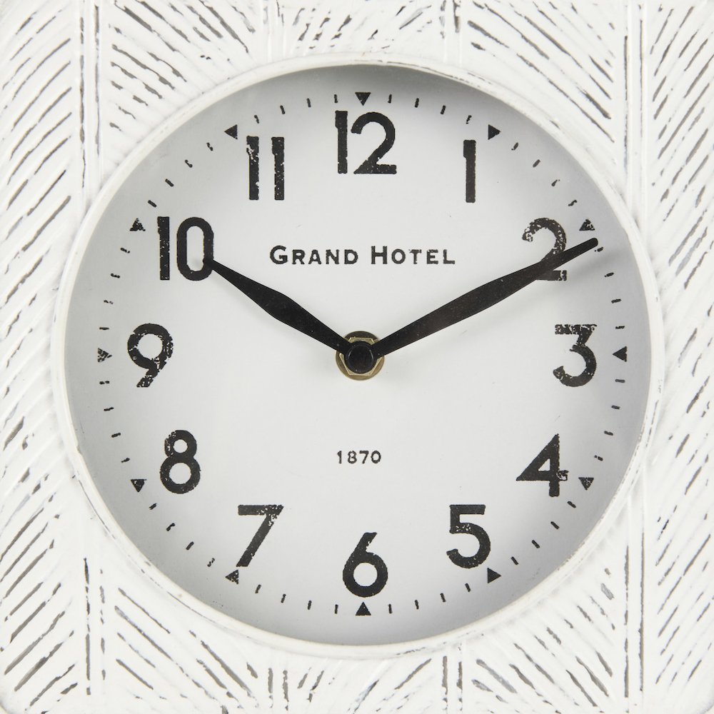 Karl 8.0L x 2.8W x 8.8H Rustic White Iron Rounded Square Table Clock. Picture 6