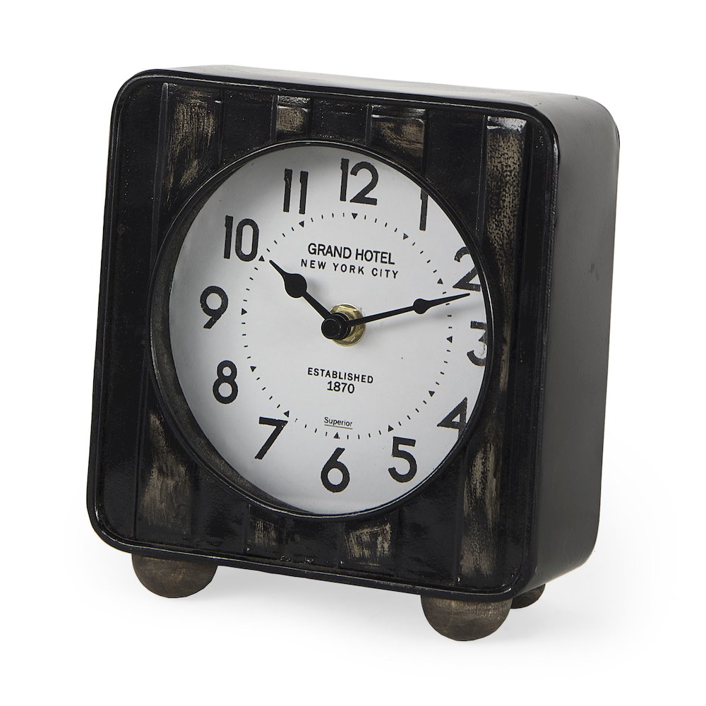 Karl 6.0L x 3.0W x 6.8H Rustic Black Iron Rounded Square Table Clock. Picture 1