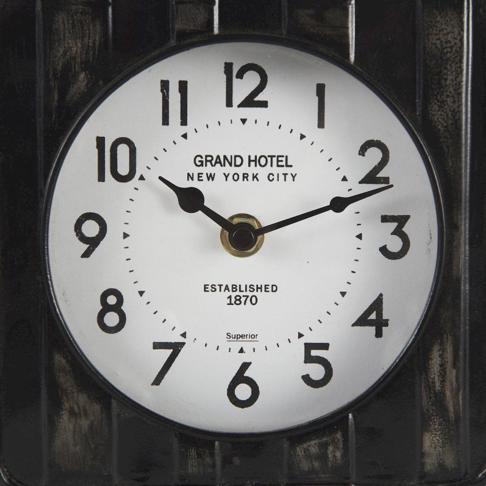 Karl 6.0L x 3.0W x 6.8H Rustic Black Iron Rounded Square Table Clock. Picture 5