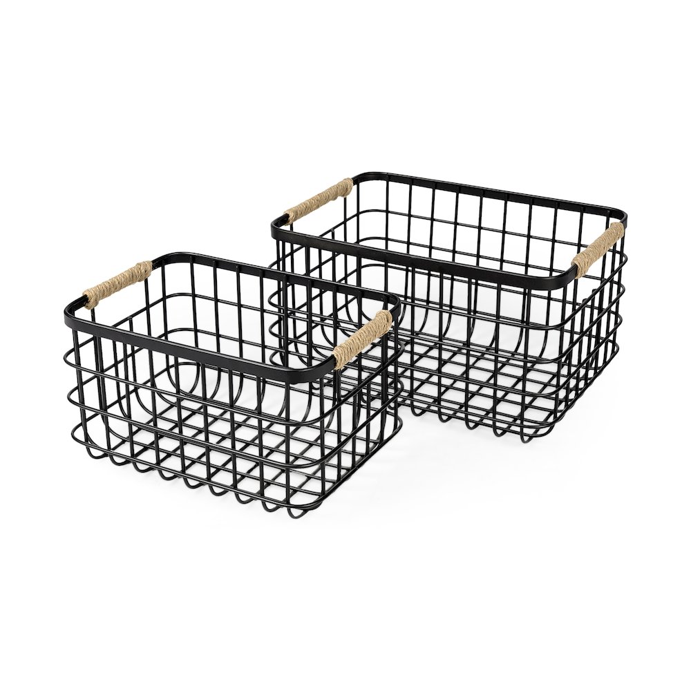 Set of Two Matte Black Metal W/ Rope Trim Rectangular Baskets. Picture 1