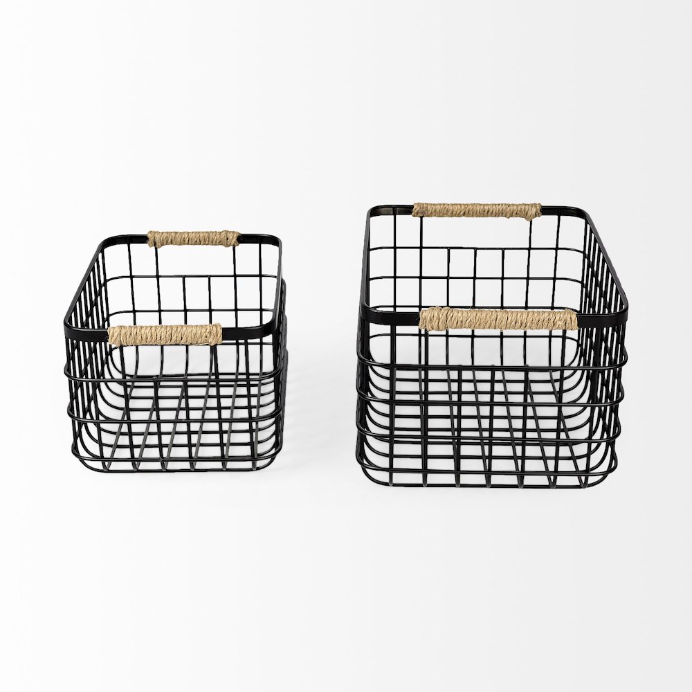 Set of Two Matte Black Metal W/ Rope Trim Rectangular Baskets. Picture 2