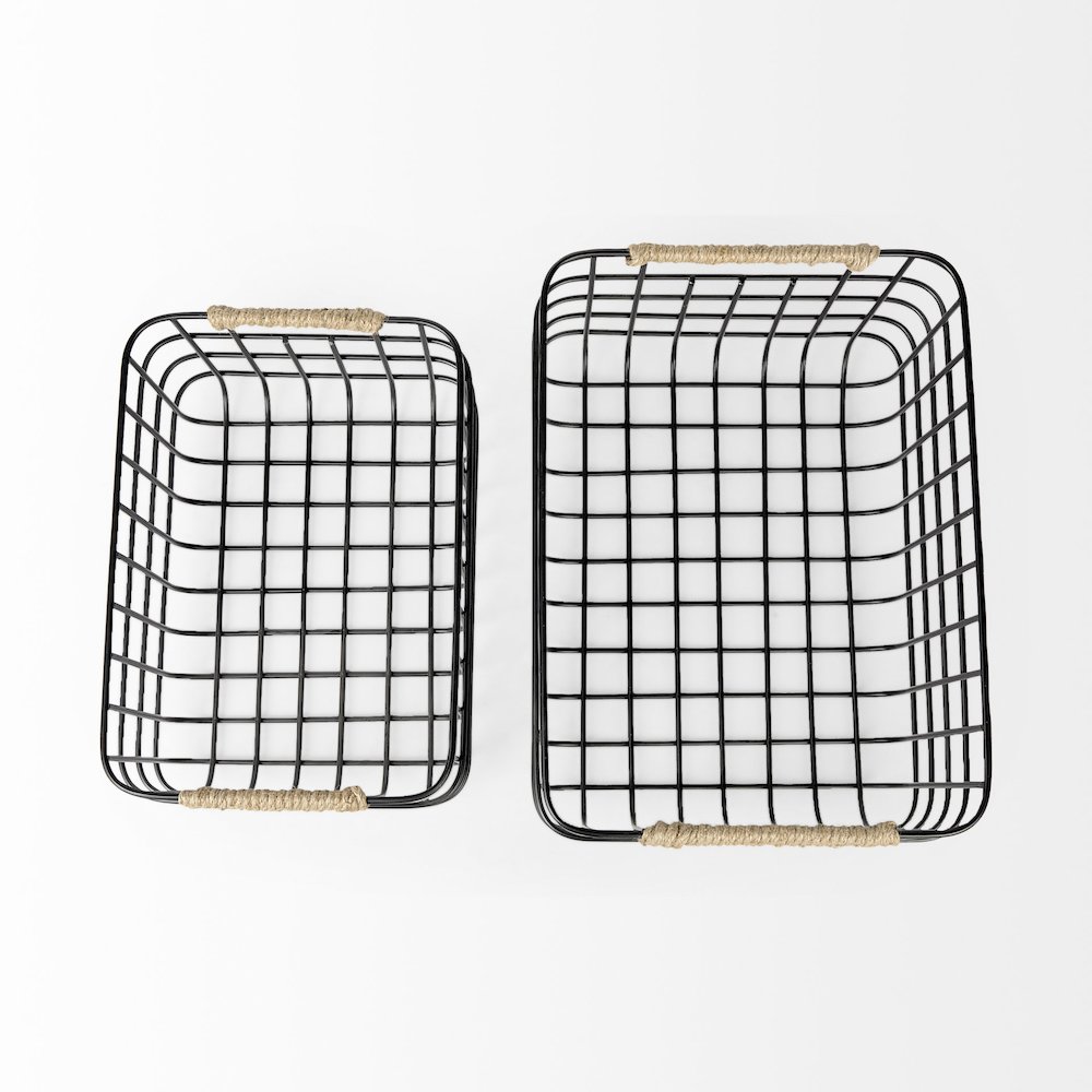Set of Two Matte Black Metal W/ Rope Trim Rectangular Baskets. Picture 3