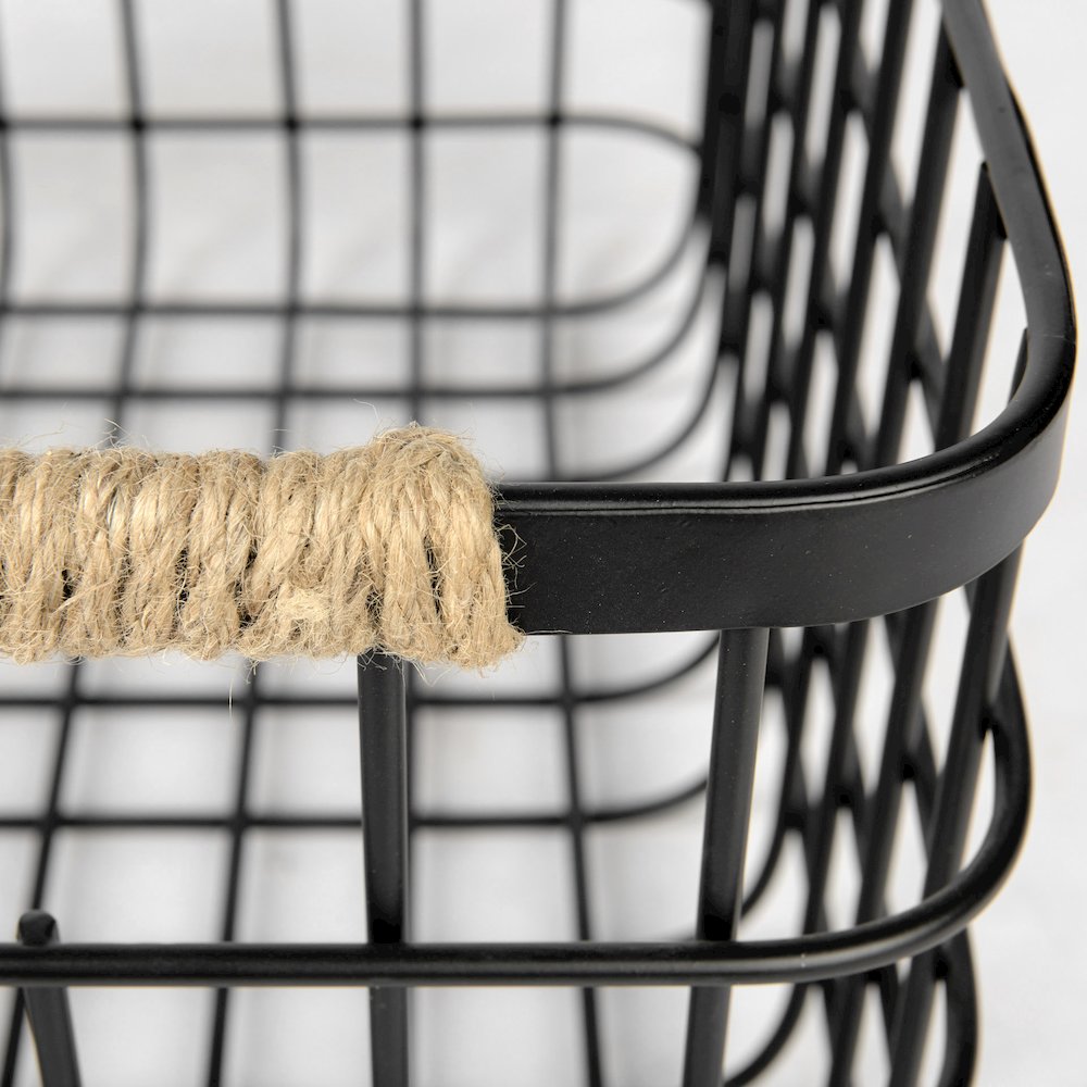 Set of Two Matte Black Metal W/ Rope Trim Rectangular Baskets. Picture 4