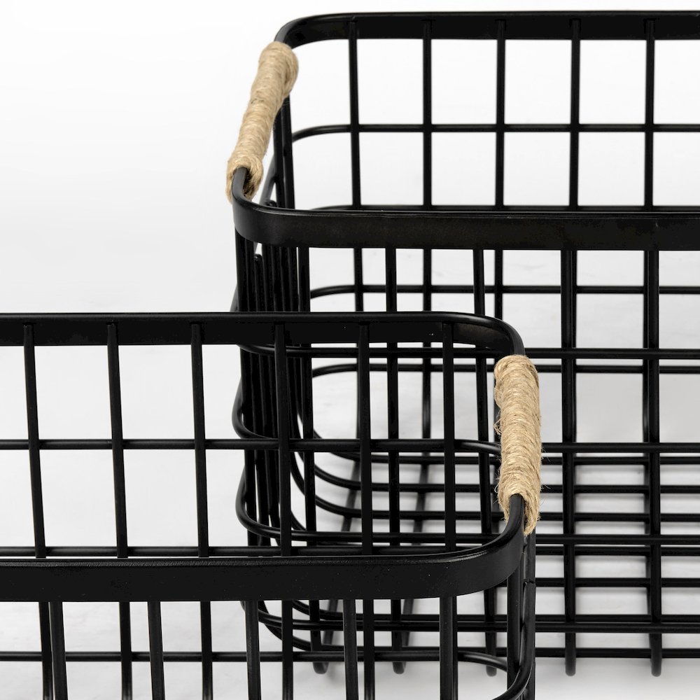 Set of Two Matte Black Metal W/ Rope Trim Rectangular Baskets. Picture 5