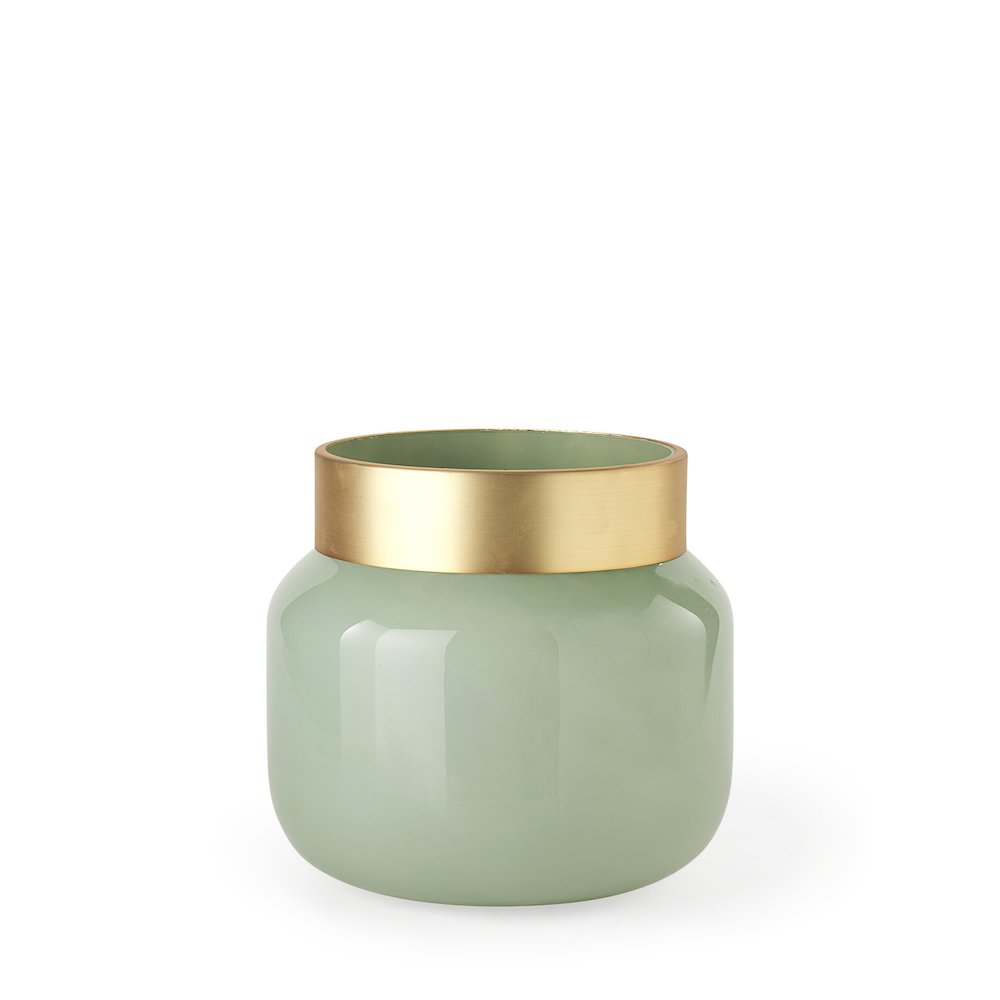 Minty  9.9L x 9.9W x 9.6H Green Glass Vase W/Matte Gold Metal Neck Cuff. Picture 1