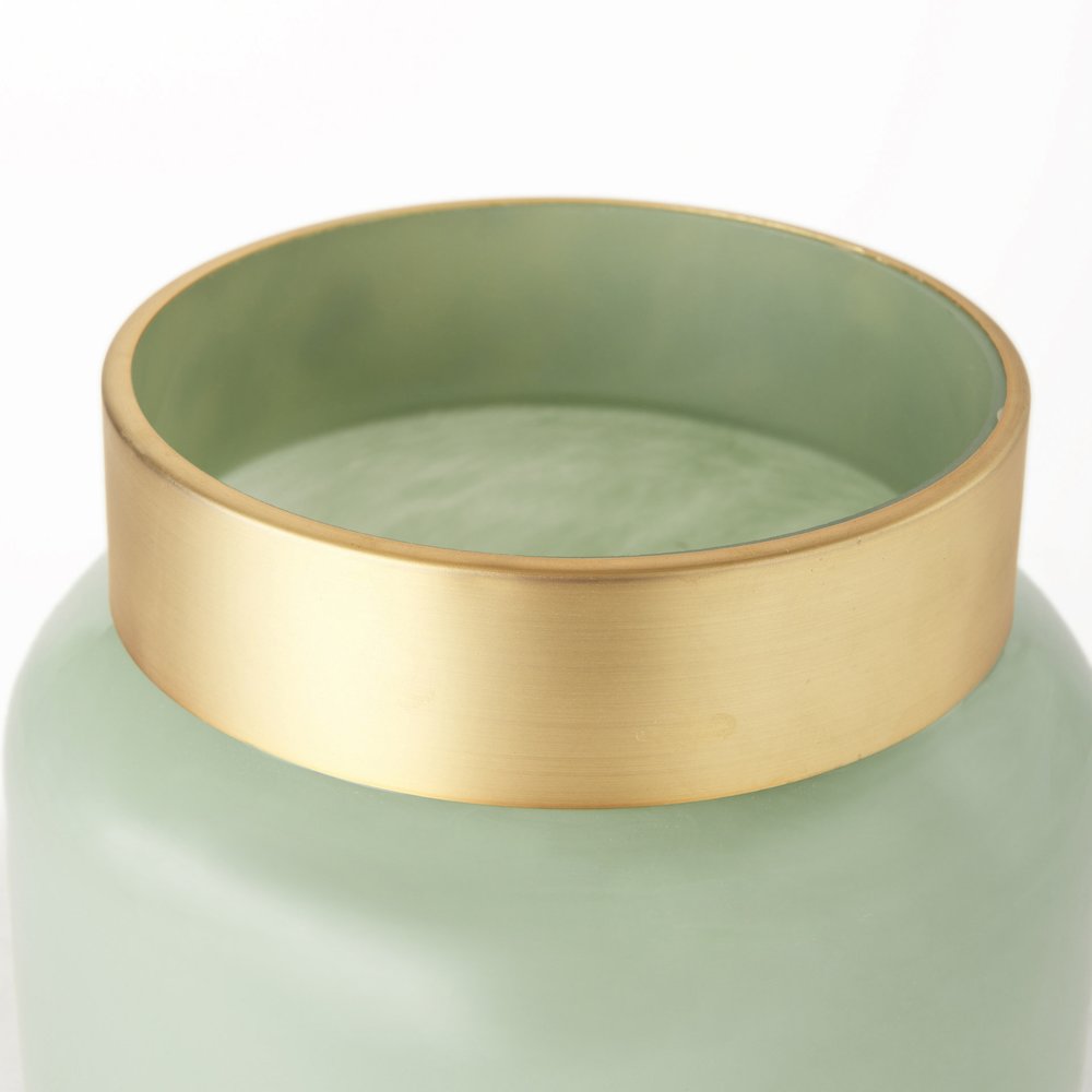 Minty  9.9L x 9.9W x 9.6H Green Glass Vase W/Matte Gold Metal Neck Cuff. Picture 3