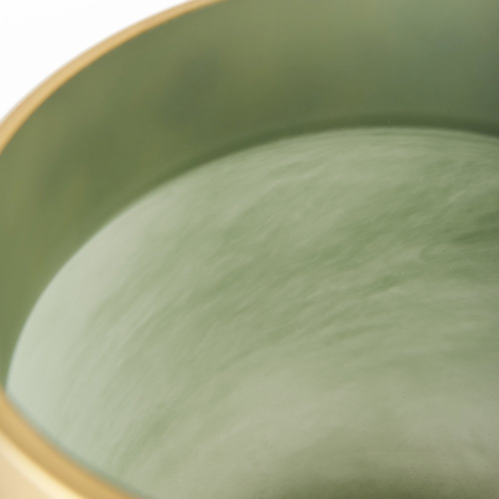 Minty  9.9L x 9.9W x 9.6H Green Glass Vase W/Matte Gold Metal Neck Cuff. Picture 4