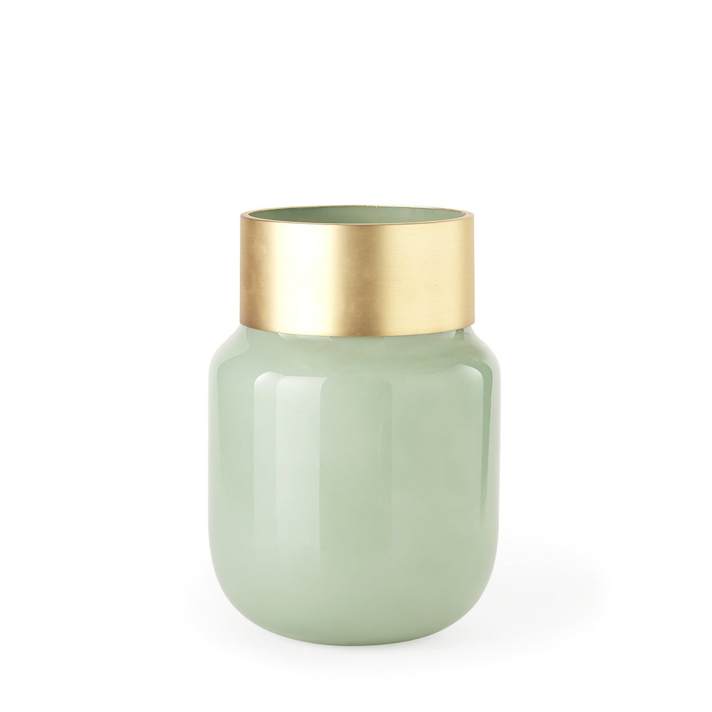 Minty Medium 8.7L x 8.7W x 12.4H Green Glass Vase W/Matte Gold Metal Neck Cuff. Picture 1