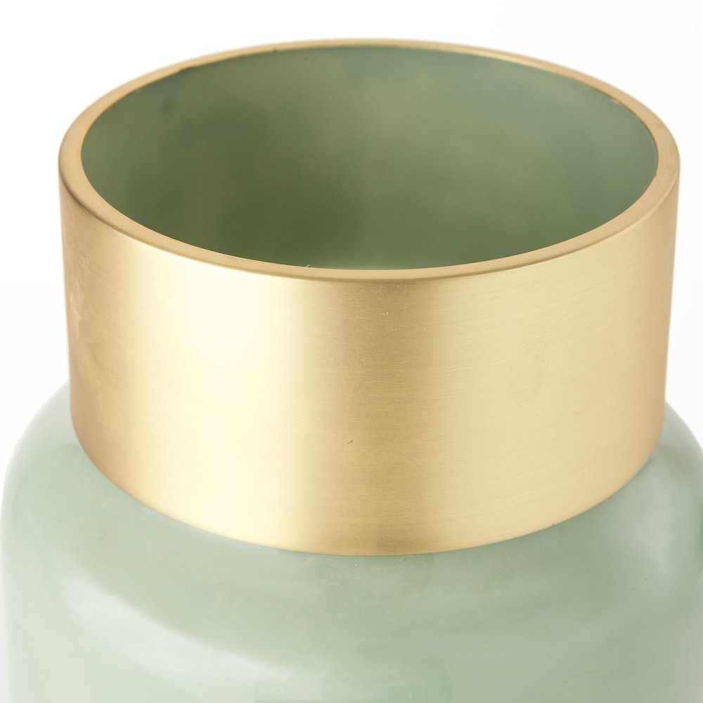 Minty Medium 8.7L x 8.7W x 12.4H Green Glass Vase W/Matte Gold Metal Neck Cuff. Picture 3