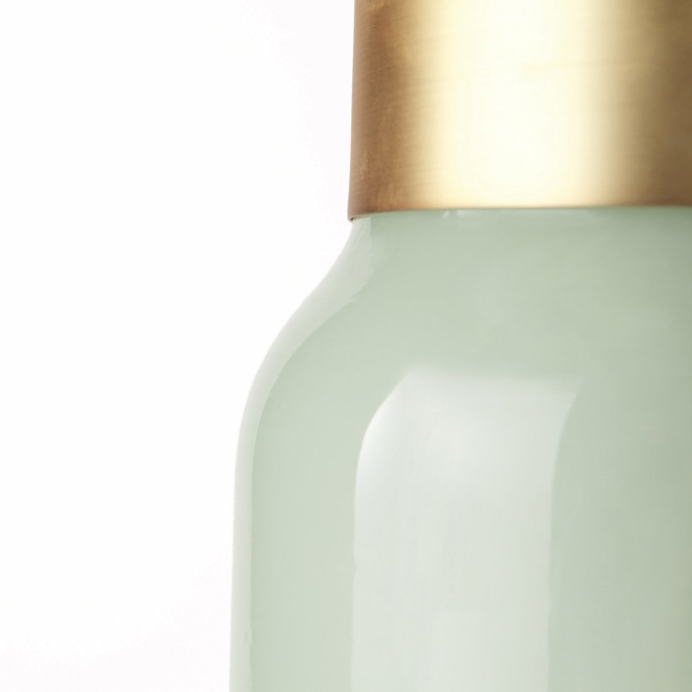 Minty  5.7L x 5.7W x 16.8H Green Glass Vase W/Matte Gold Metal Neck Cuff. Picture 5