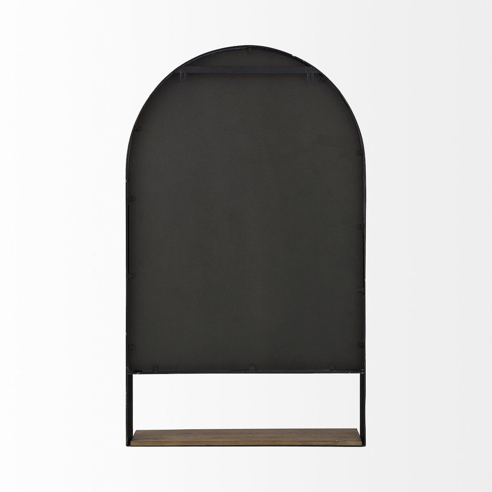 Black Metal Frame W/ Brown Wooden Shelf Arched Wall Mirror. Picture 2