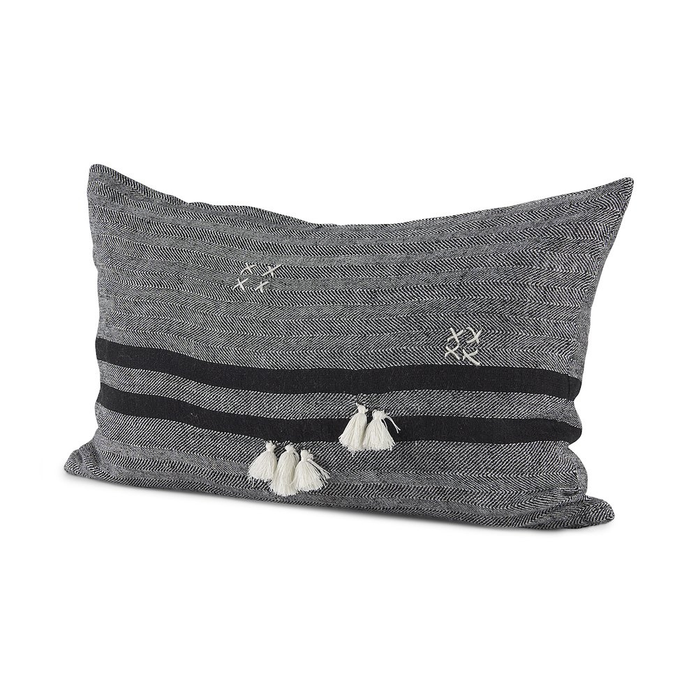 Sibyl 13L x 21W Black Fabric Striped and White Fringed Decorative Pillow Cover. Picture 1
