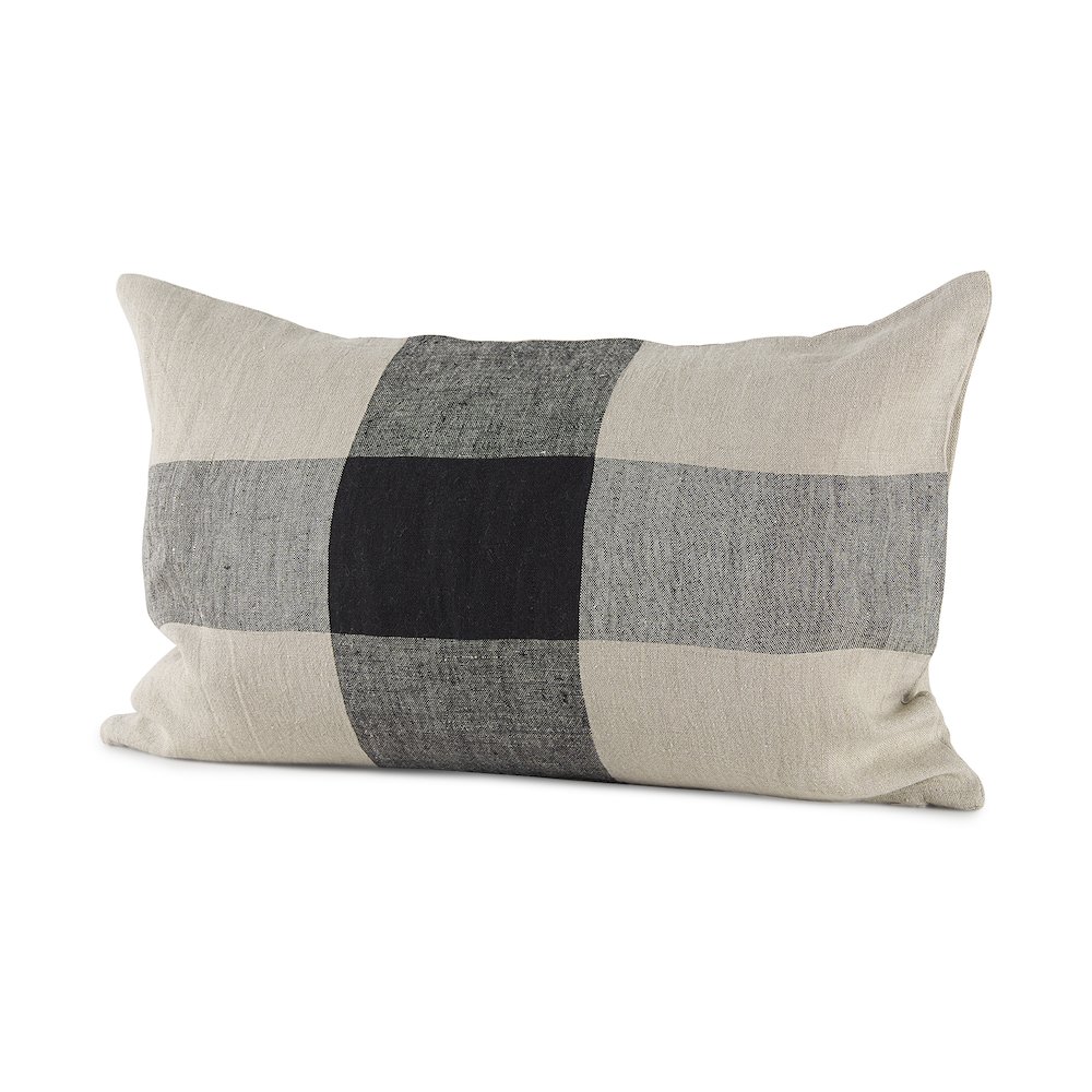 Raquel 13L x 21W Beige and Black Fabric Plaid Decorative Pillow Cover. Picture 1