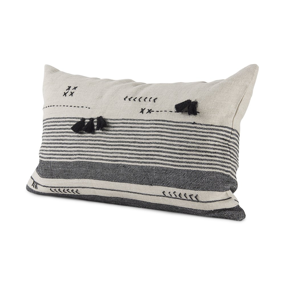 Black and Beige Fabric Striped and Fringed Decorative Pillow Cover. Picture 1
