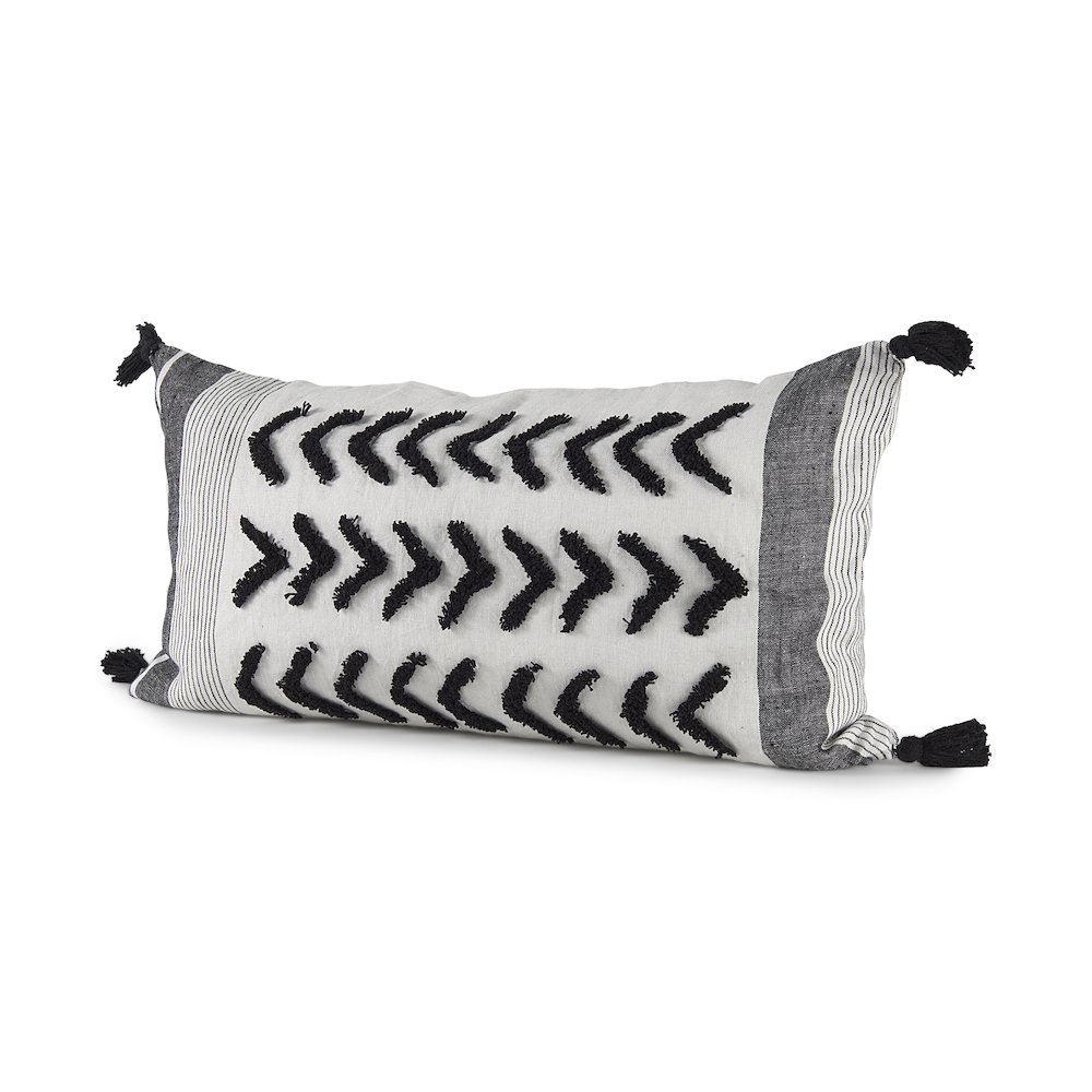 White and Black Fabric Herringbone and Fringed Decorative Pillow Cover. Picture 1