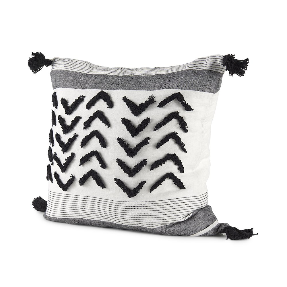 White and Black Fabric Herringbone and Fringed Decorative Pillow Cover. Picture 1