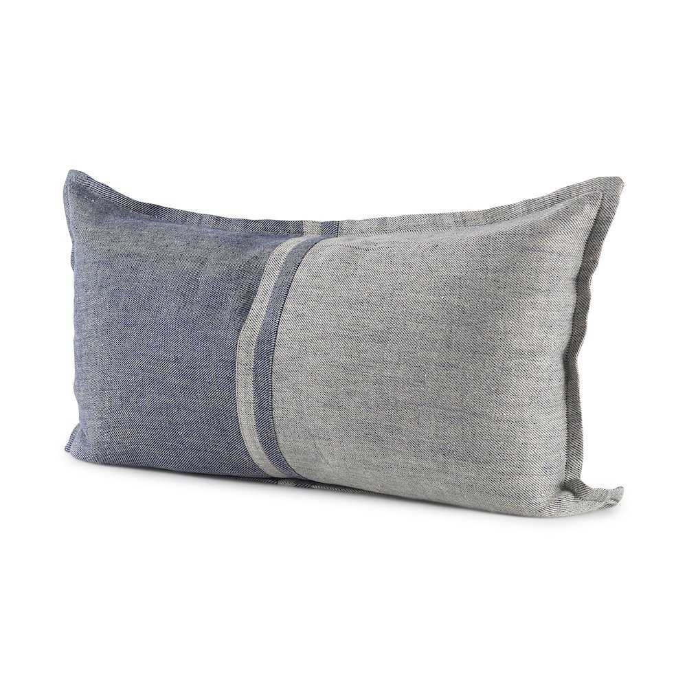 Aubrielle 14L x 26W Gray and Blue Fabric Color Blocked Decorative Pillow Cover. Picture 1