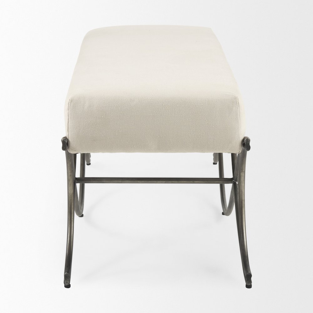 Ayla 55L x 17.6W x 18H Cream Fabric Seat W/ Antique Nickel Frame Bench. Picture 3