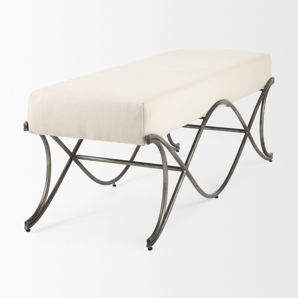 Ayla 55L x 17.6W x 18H Cream Fabric Seat W/ Antique Nickel Frame Bench. Picture 4
