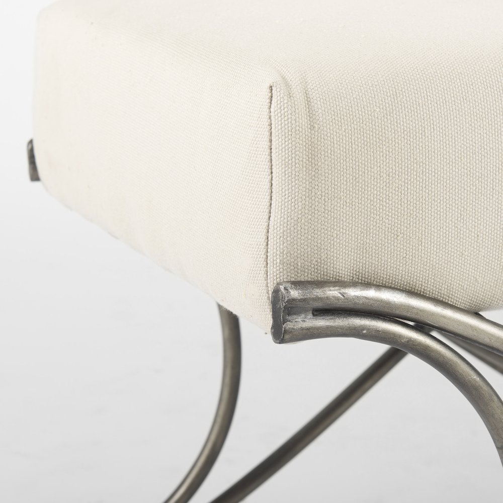 Ayla 55L x 17.6W x 18H Cream Fabric Seat W/ Antique Nickel Frame Bench. Picture 5