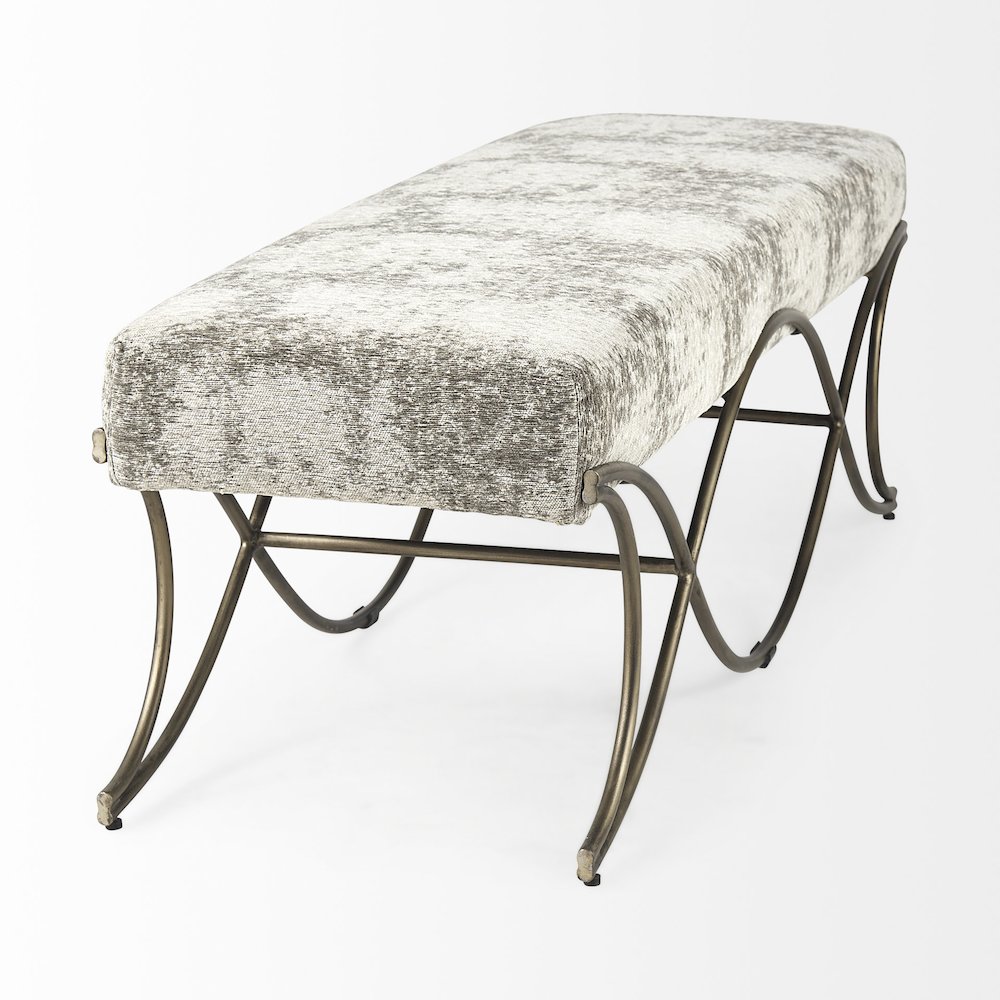 Light and Dark Gray Fabric Seat W/ Antique Gold Metal Frame Bench. Picture 4