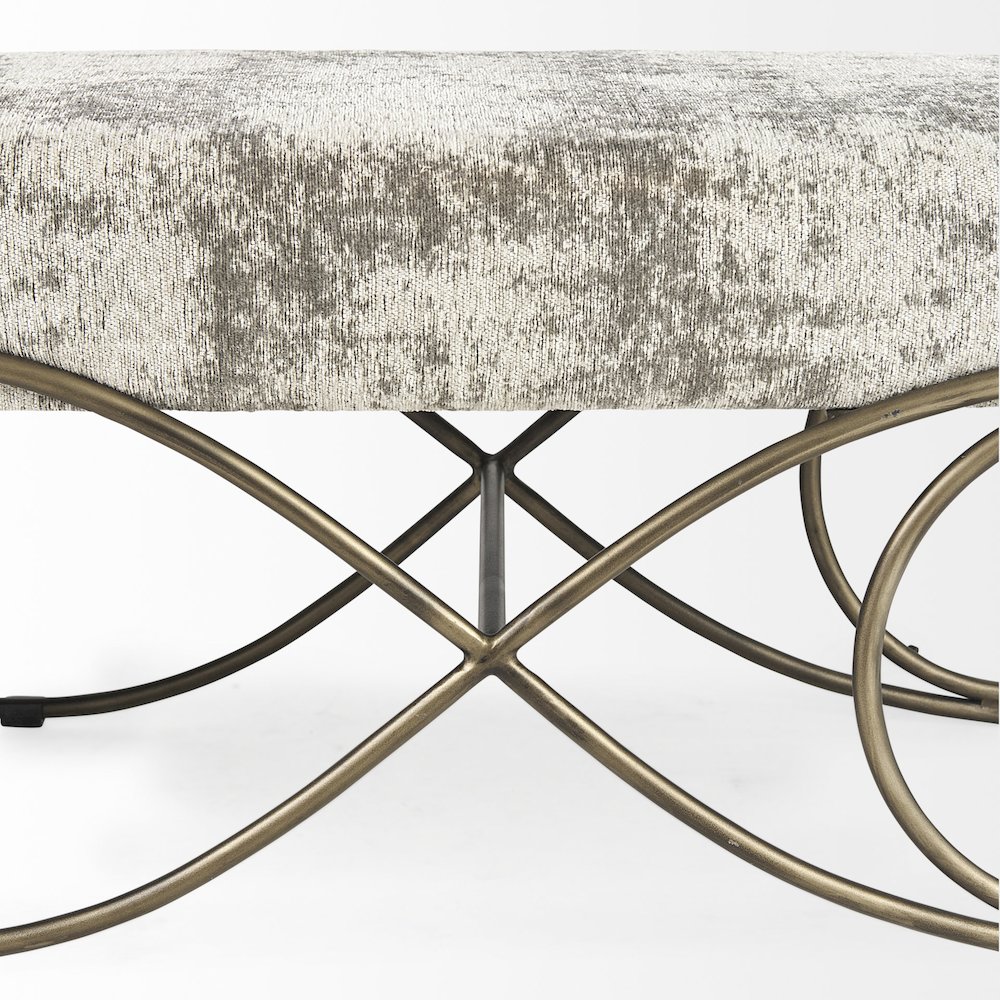 Light and Dark Gray Fabric Seat W/ Antique Gold Metal Frame Bench. Picture 7