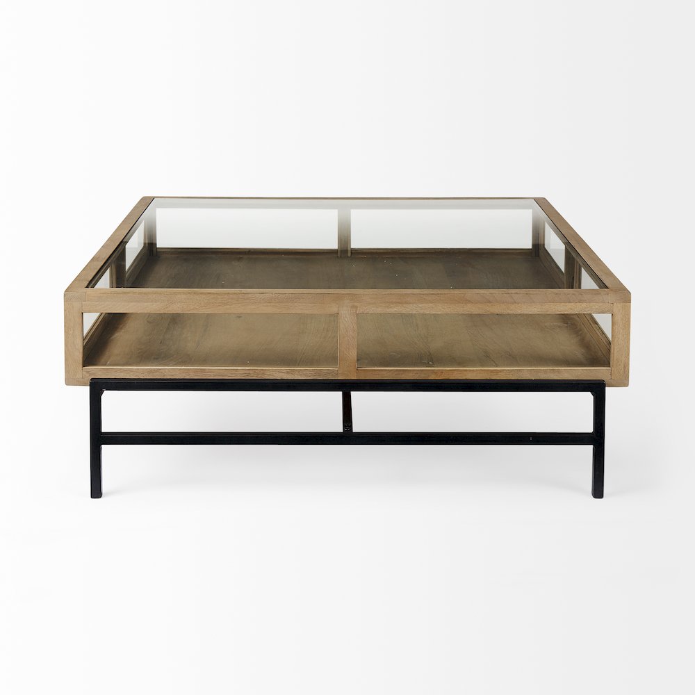 42" Square Glass-Top Light Brown w/ Black Metal Base Display Coffee Table. Picture 3