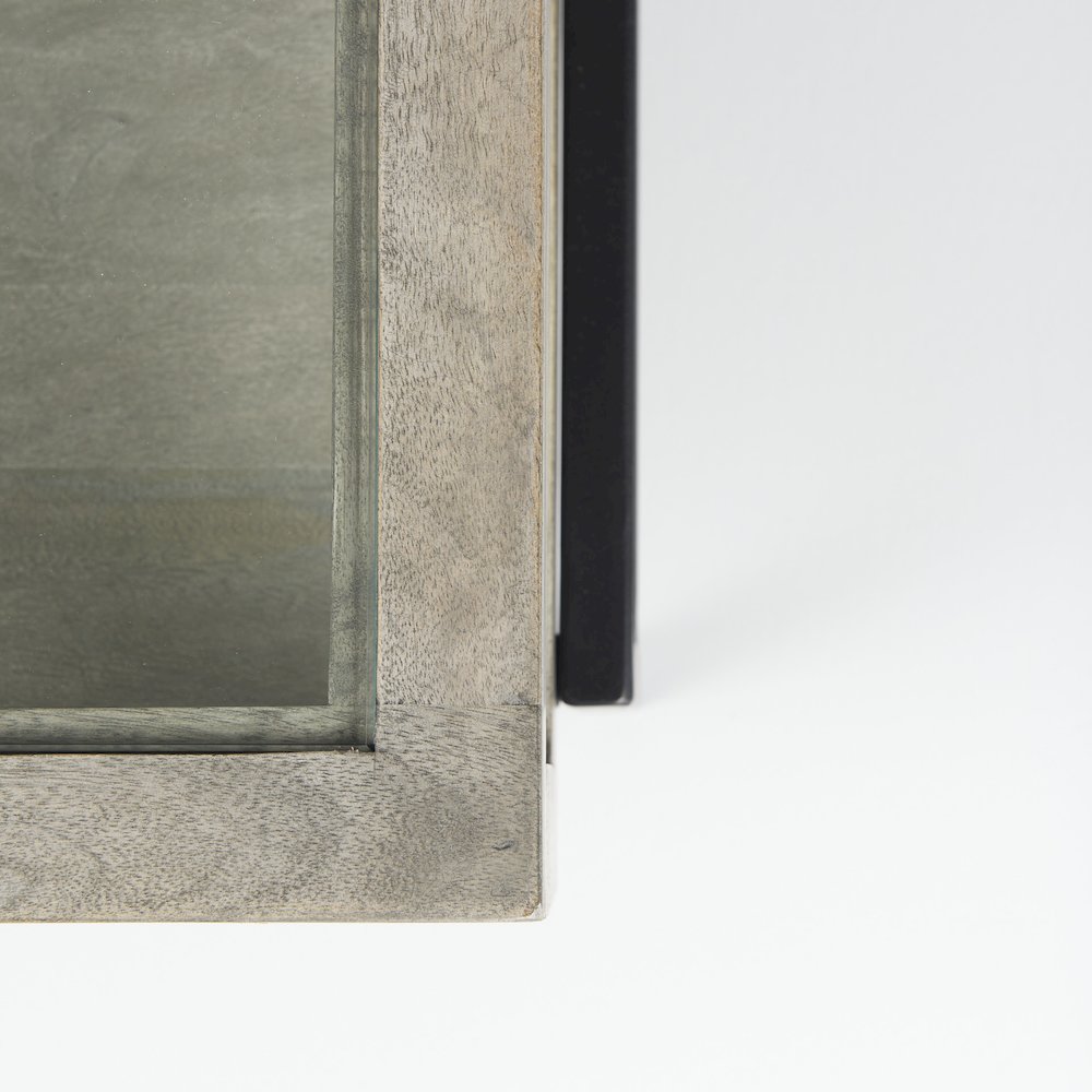 Arelius 42" Square Glass-Top Gray Wood w/ Black Metal Base Display Coffee Table. Picture 6