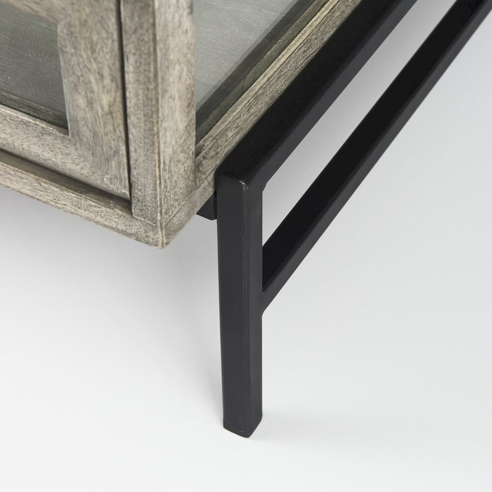 Arelius 42" Square Glass-Top Gray Wood w/ Black Metal Base Display Coffee Table. Picture 9