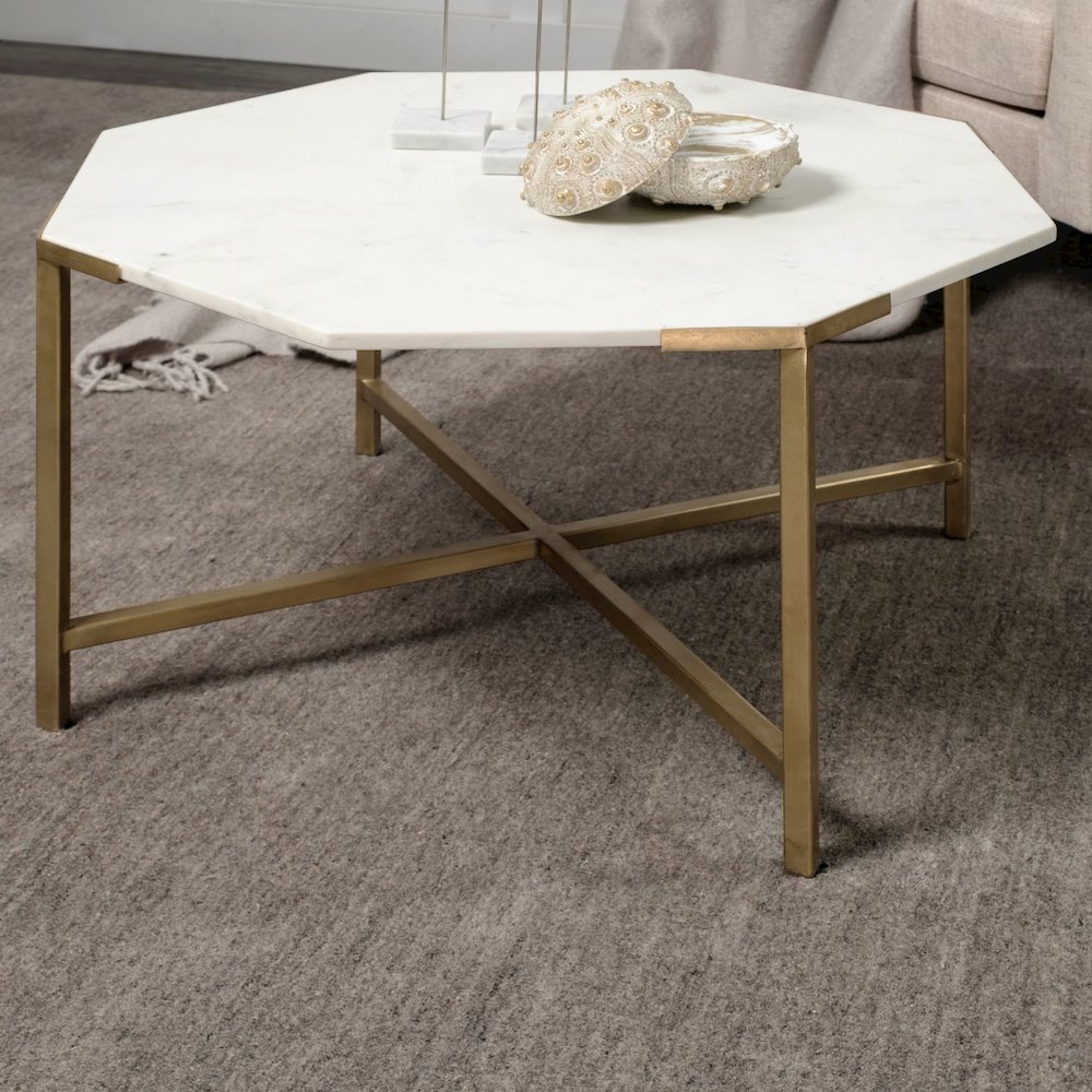 Vincent 33" Octagonal White Marble Tabletop w/ Gold Metal Base Coffee Table. Picture 6