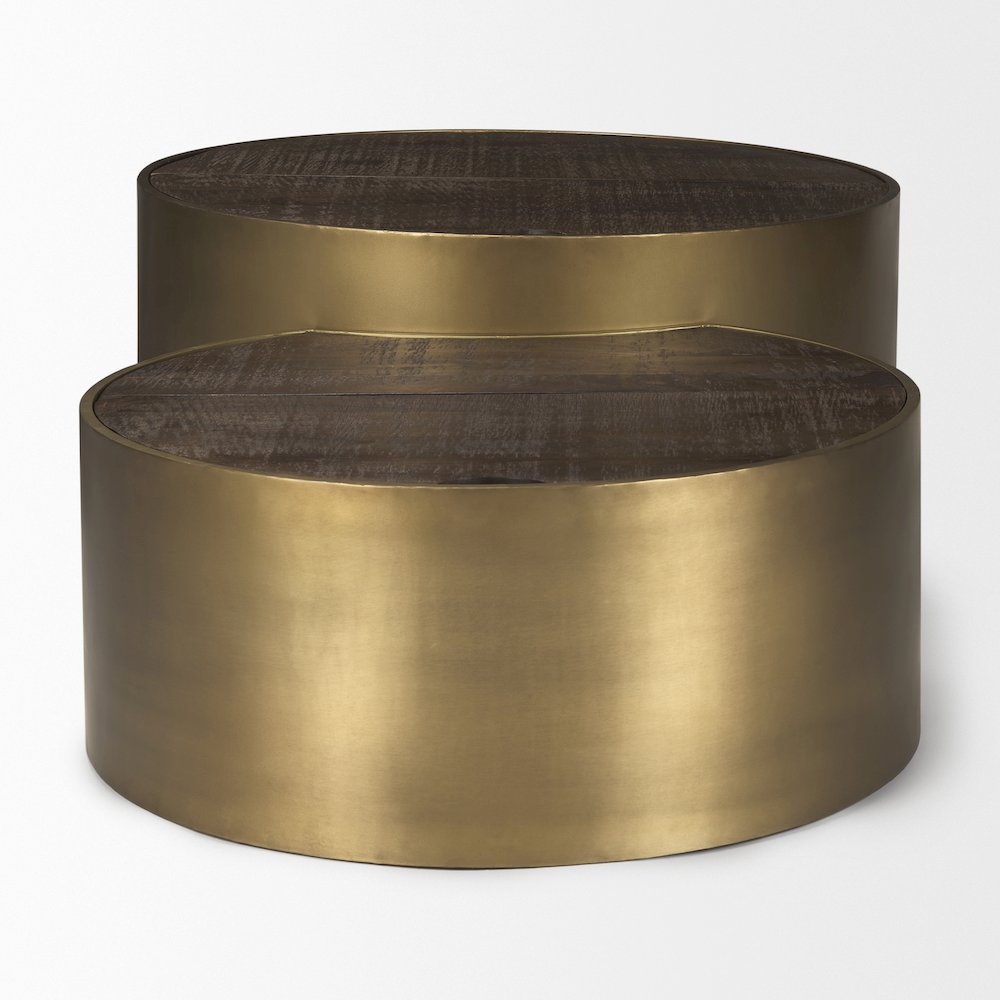 Eclipse Gold Metal Drum Base w/ Dark Brown Wood Top Nested Coffee Table. Picture 4
