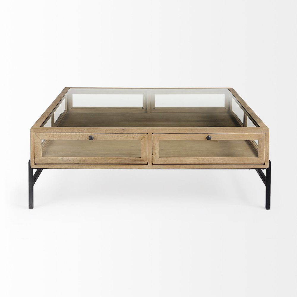 42" Square Glass-Top Light Brown w/ Black Metal Base Display Coffee Table. Picture 5