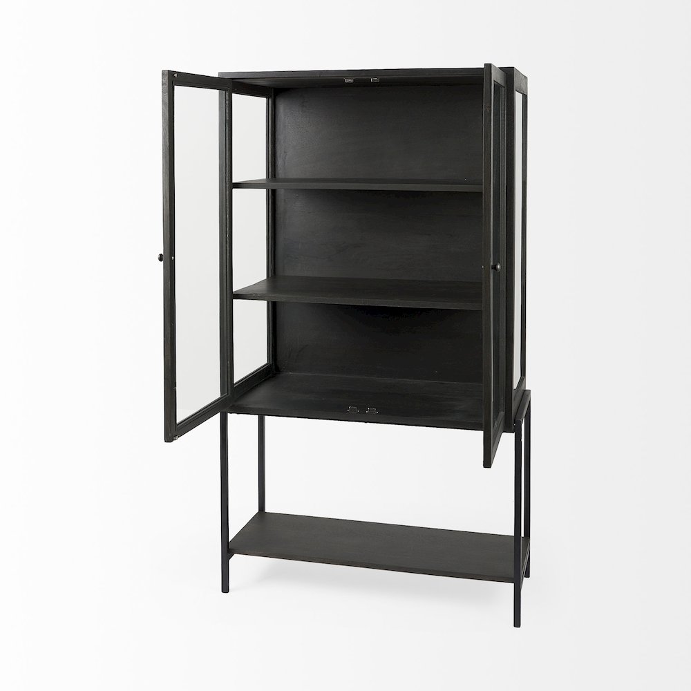 Arelius 36L x 18W x 63H Dark Brown Wood W/ Black Metal Base Display Cabinet. Picture 4